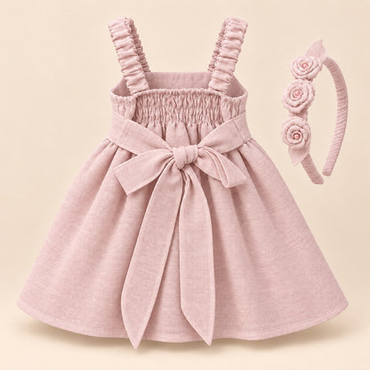 Niña con vestido rosa palo de rosas aplicadas y diadema a juego