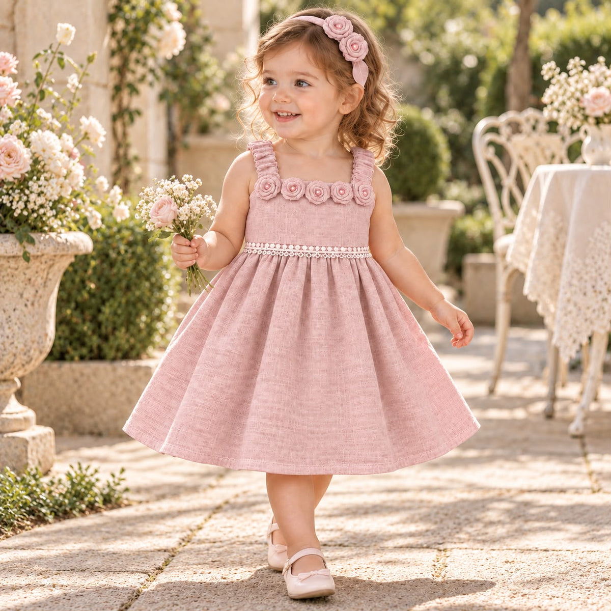 Vestido rosa palo con falda de vuelo y ribete de perlas en la cintura