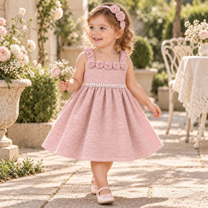 Vestido rosa palo con falda de vuelo y ribete de perlas en la cintura