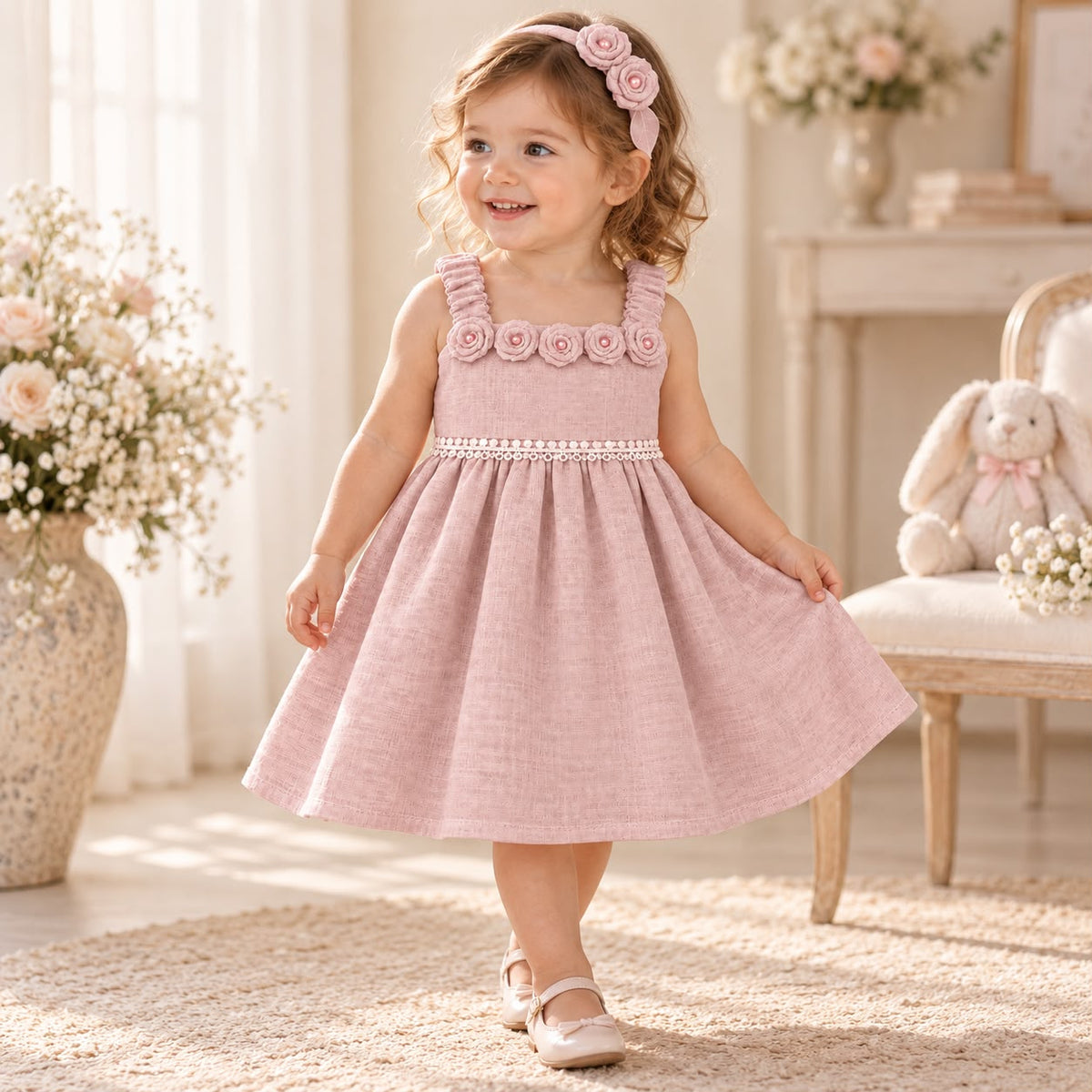 Niña sentada con vestido rosa palo y diadema de rosas