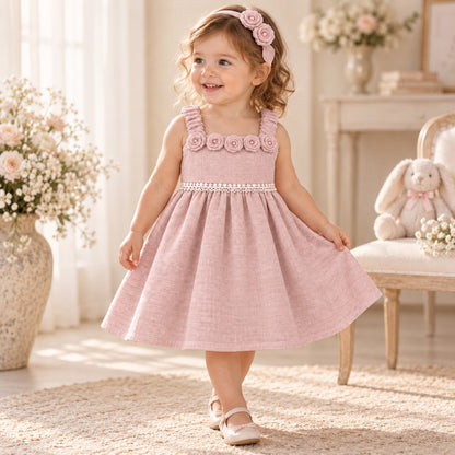 Niña sentada con vestido rosa palo y diadema de rosas