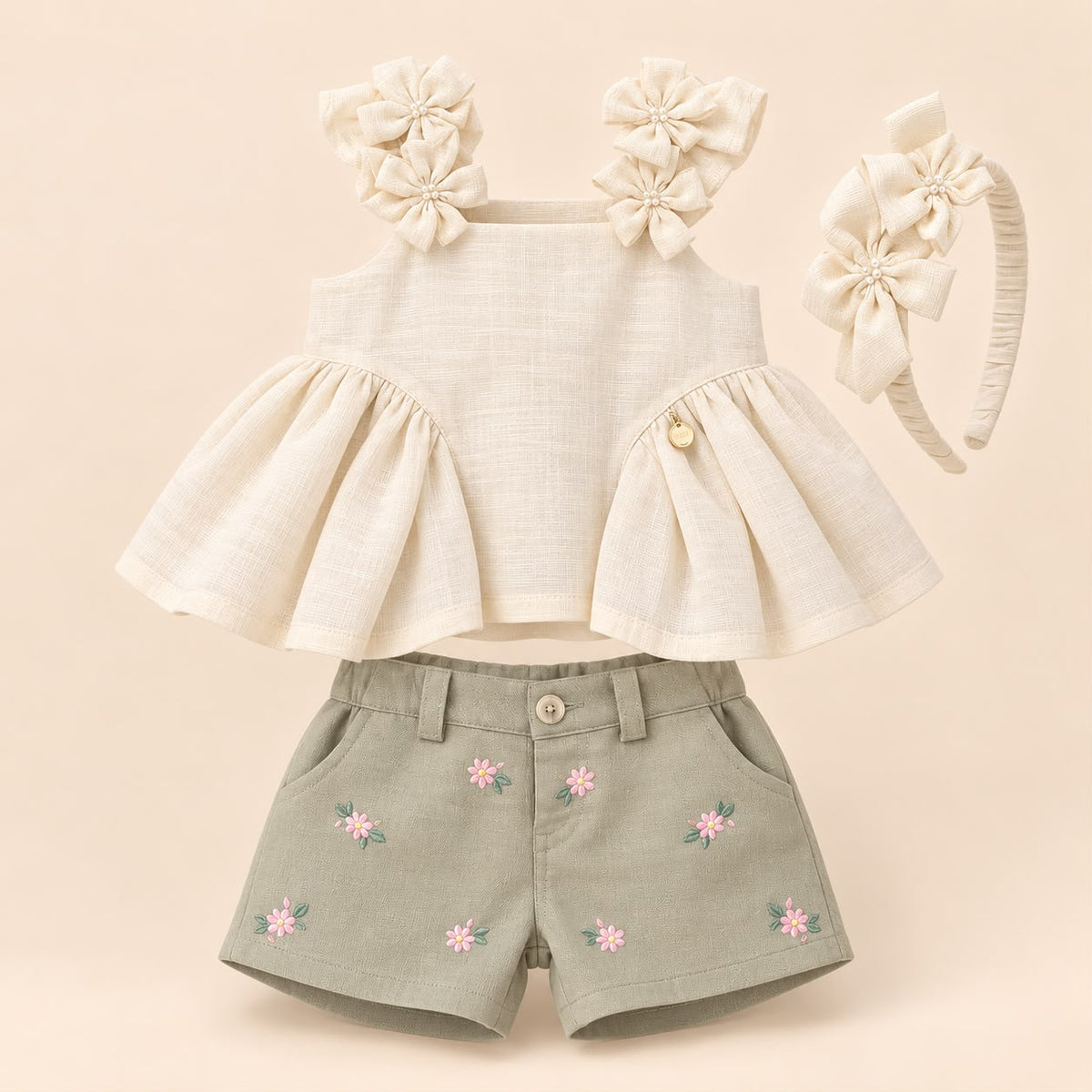 Vista posterior del conjunto: blusa beige con volantes, short verde salvia con bolsillos bordados y diadema