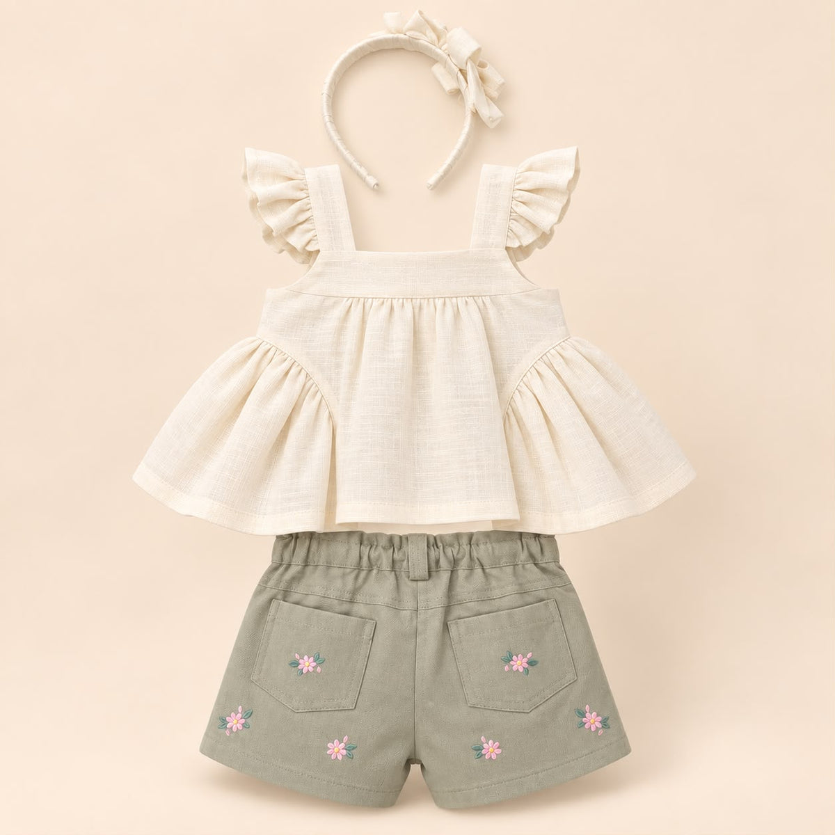 Conjunto bebé niña: blusa beige con moños, short verde salvia bordado floral y diadema a juego