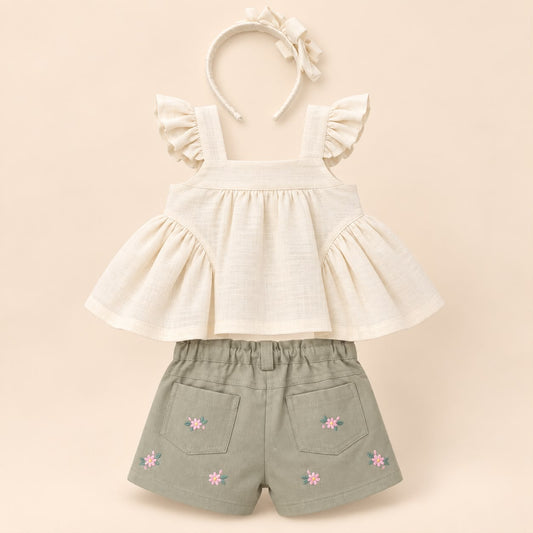 Conjunto bebé niña: blusa beige con moños, short verde salvia bordado floral y diadema a juego