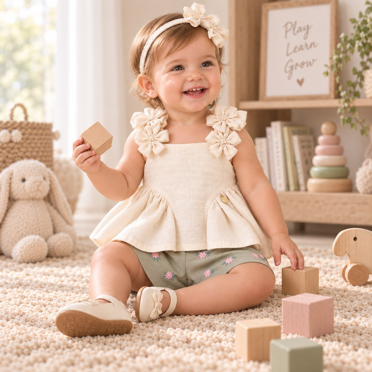 Bebé niña sentada con blusa beige de moños, short verde salvia bordado y diadema