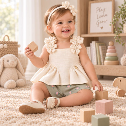 Bebé niña sentada con blusa beige de moños, short verde salvia bordado y diadema