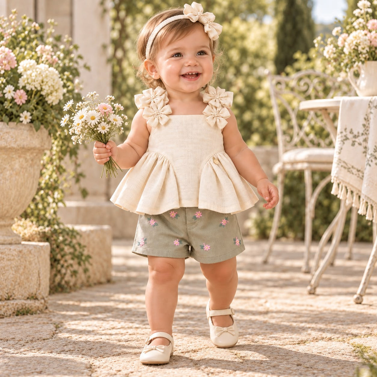 Bebé niña en exterior con conjunto beige y verde salvia sosteniendo flores
