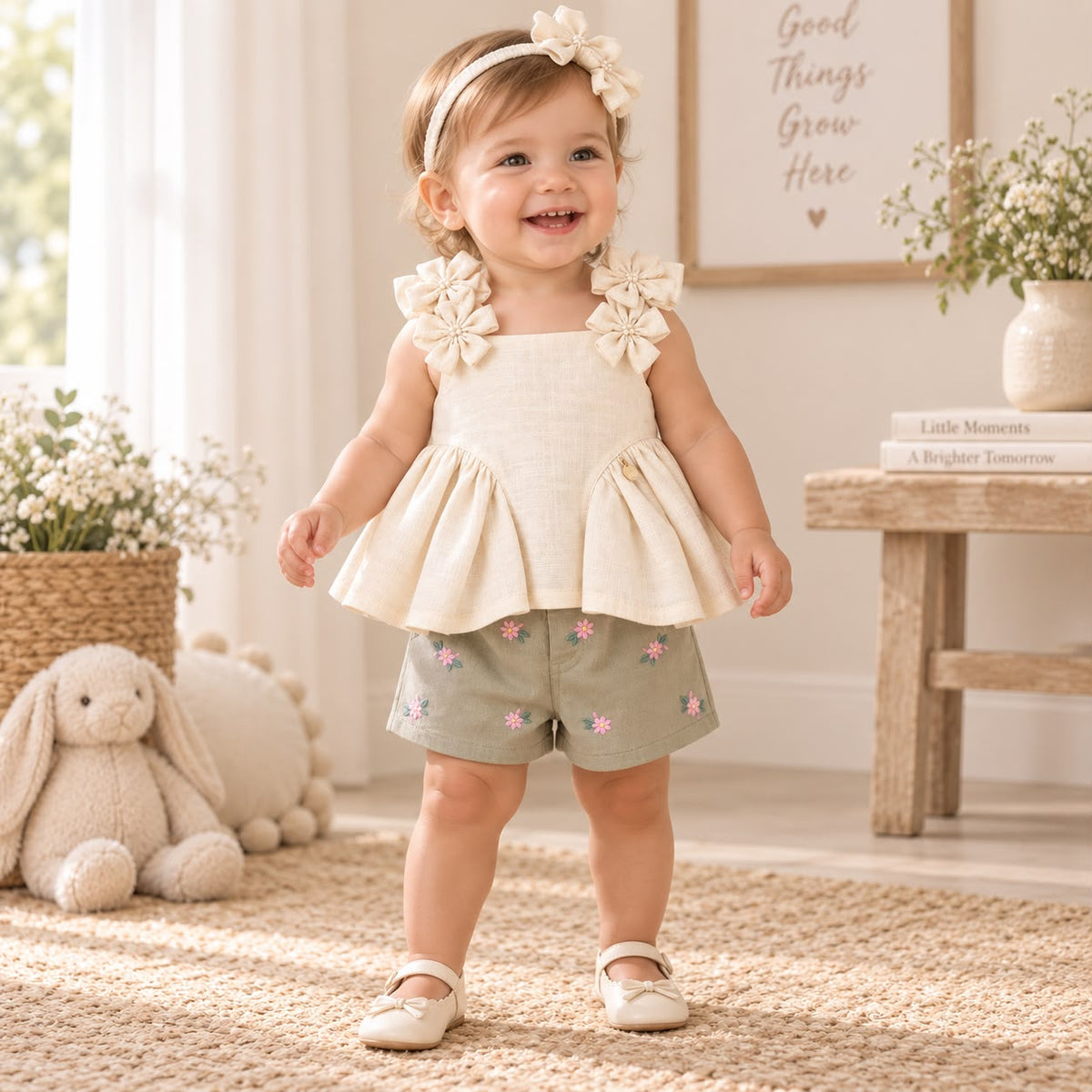 Bebé niña de pie con conjunto beige y short verde salvia con flores bordadas