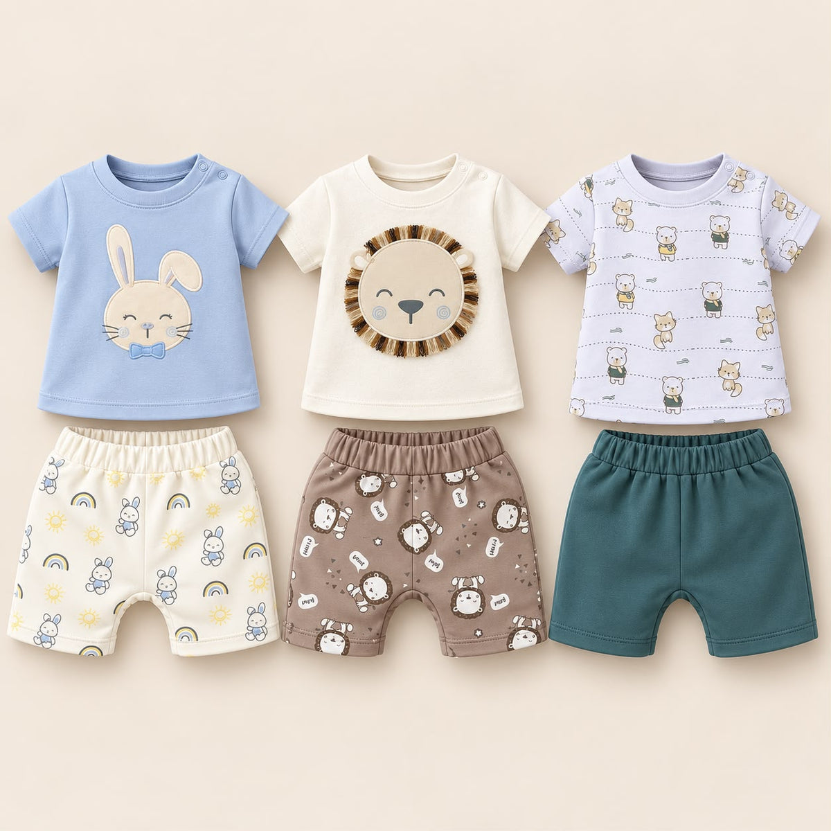 Pack de 3 conjuntos bebé niño: camisetas de conejito, león y ositos con shorts marfil, café topo y verde petróleo