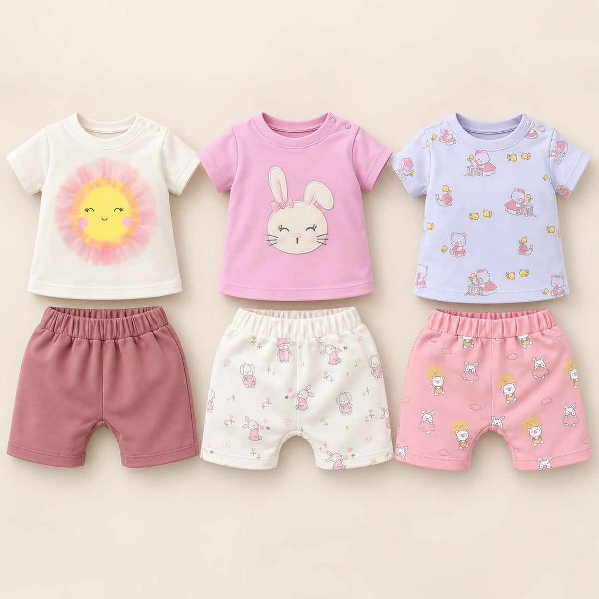 Pack de 3 conjuntos bebé niña: camisetas de sol, conejita y ositas con shorts vino, marfil y rosa