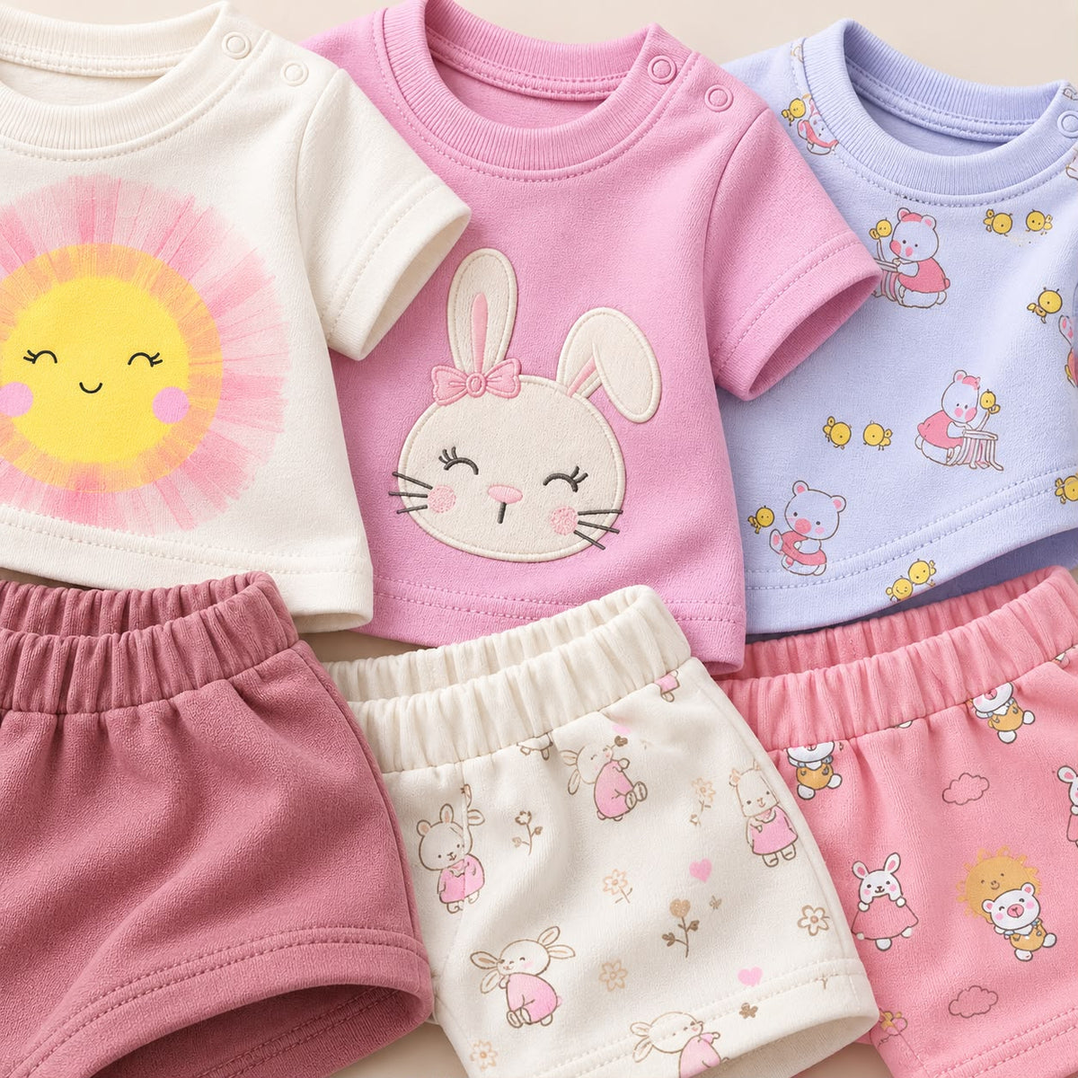 Bebé con camiseta rosa de conejita y short marfil estampado de conejitas