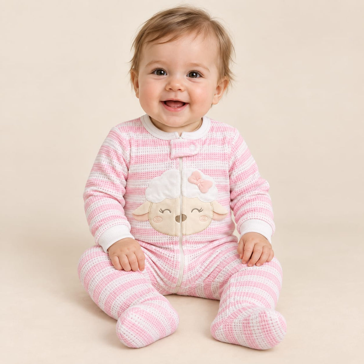 Bebé usando pijama enterizo rosado y blanco con ovejita bordada
