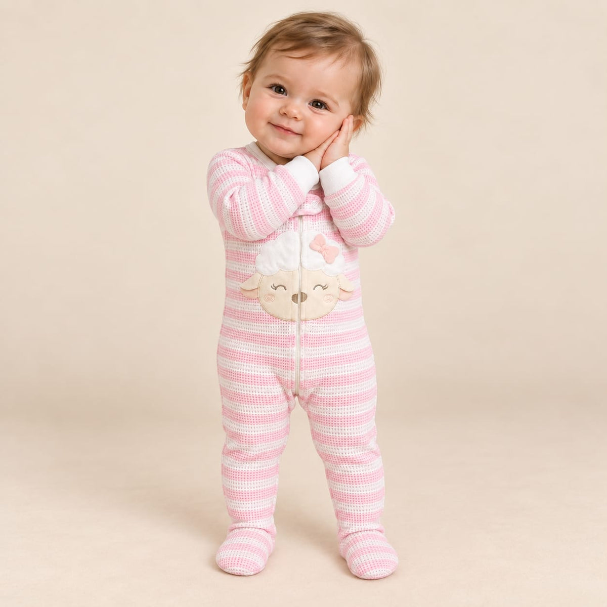Bebé usando pijama enterizo rosado y blanco con pies integrados