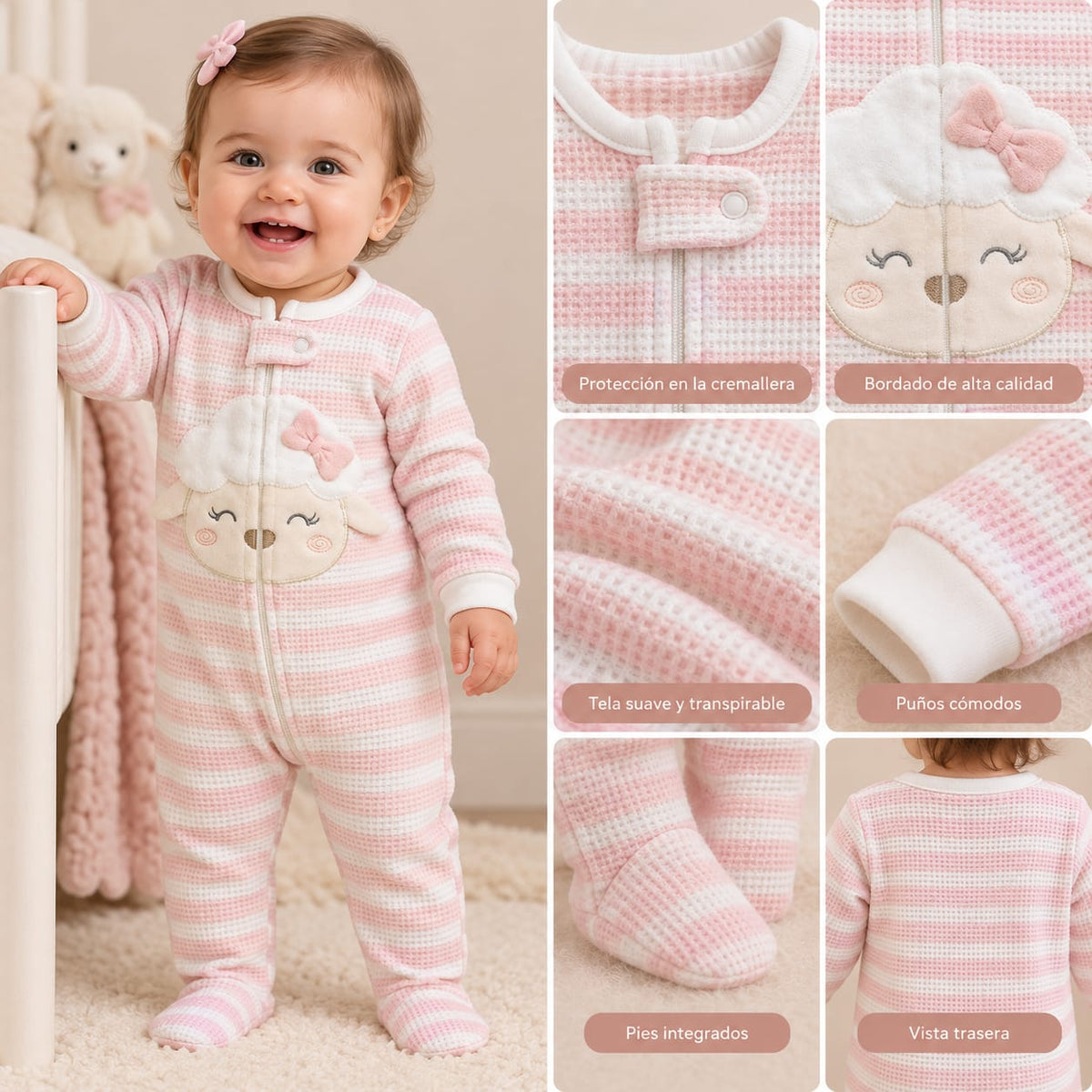 Detalles de cremallera, tejido, puños y pies del pijama rosado y blanco para bebé