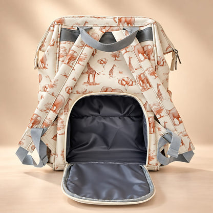 Vista trasera de la mochila pañalera Safari Baby Luna con correas grises