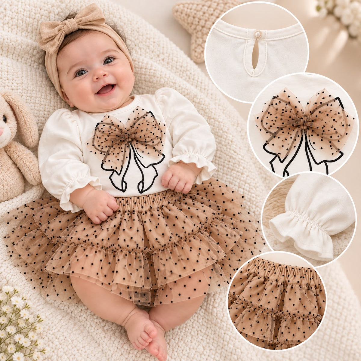 Detalles del conjunto para niña con blusa marfil y falda beige de tul con puntos negros