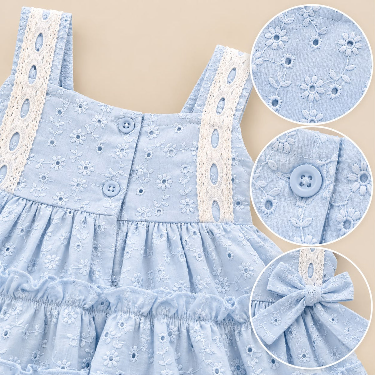 Detalles del vestido azul claro para bebé niña, bordado floral, encaje y moños