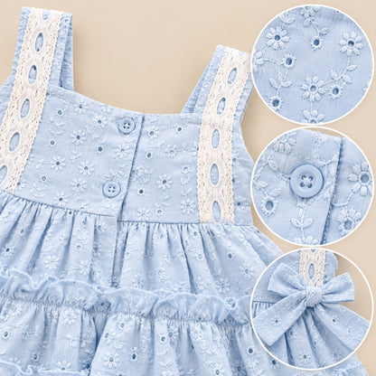 Detalles del vestido azul claro para bebé niña, bordado floral, encaje y moños