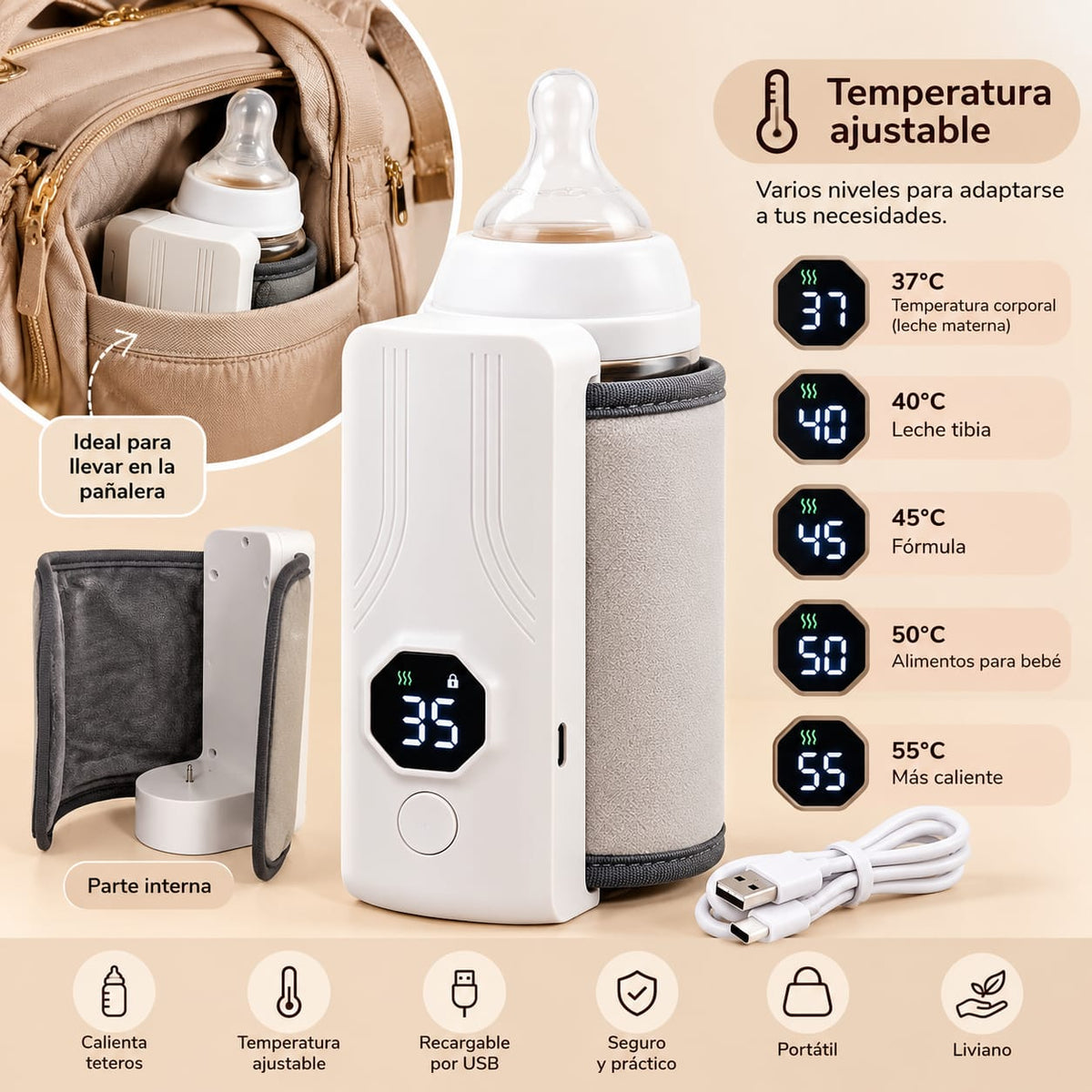 Calentador de teteros blanco y gris con ilustración de niveles de temperatura ajustable y recarga USB