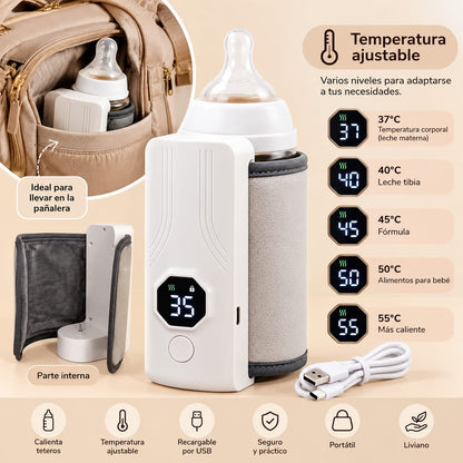 Calentador de teteros blanco y gris con ilustración de niveles de temperatura ajustable y recarga USB
