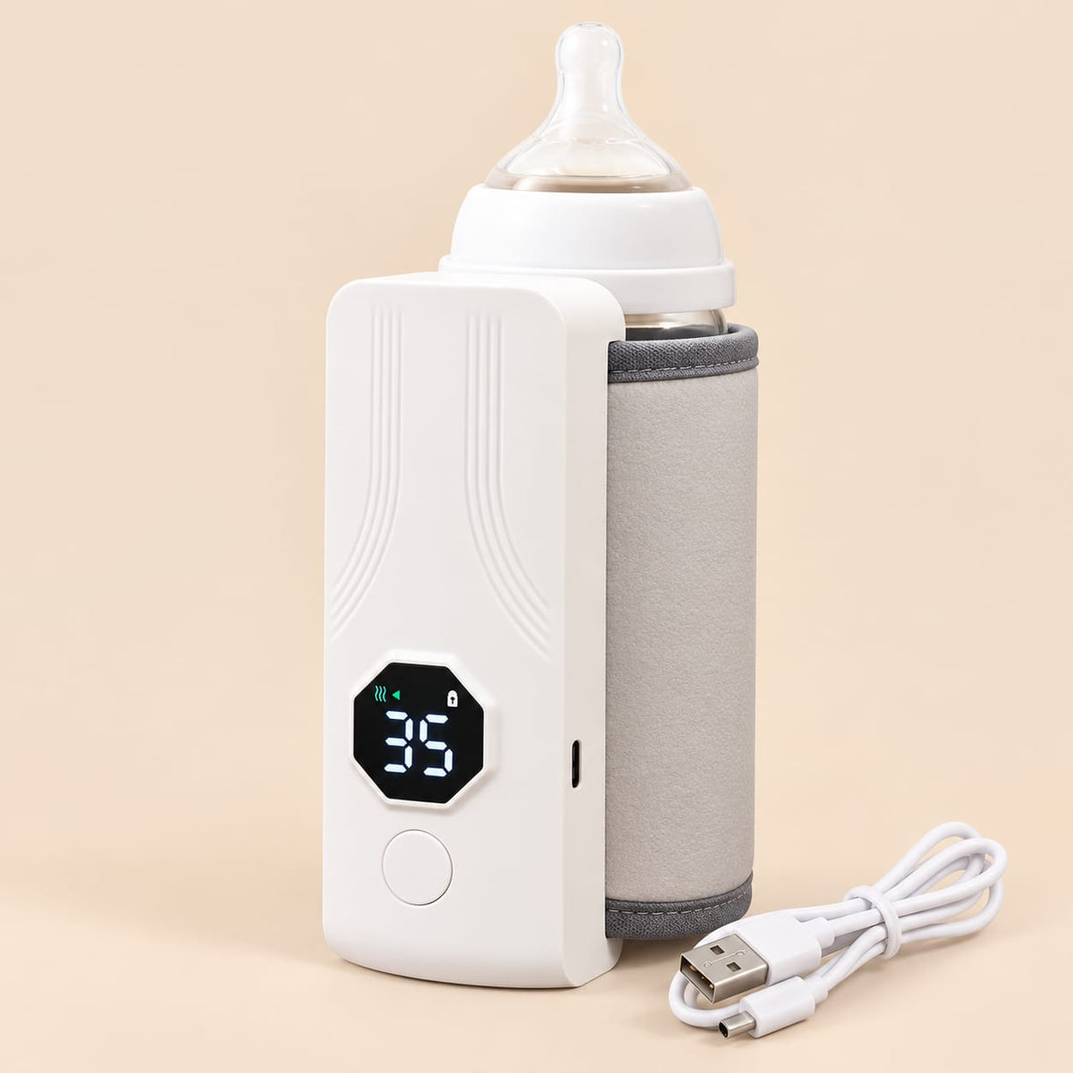 Calentador de teteros portátil blanco y gris con pantalla digital y cable USB