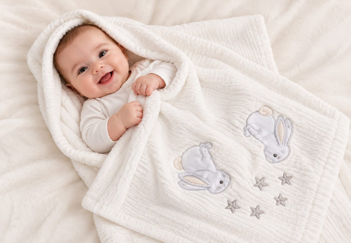 Bebé acompañado de una manta blanca con conejitos y estrellas bordados