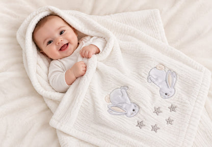 Bebé acompañado de una manta blanca con conejitos y estrellas bordados