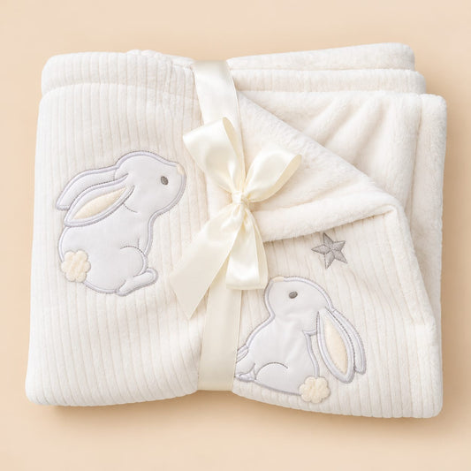 Manta para bebé blanca con conejitos bordados doblada y presentada con una cinta