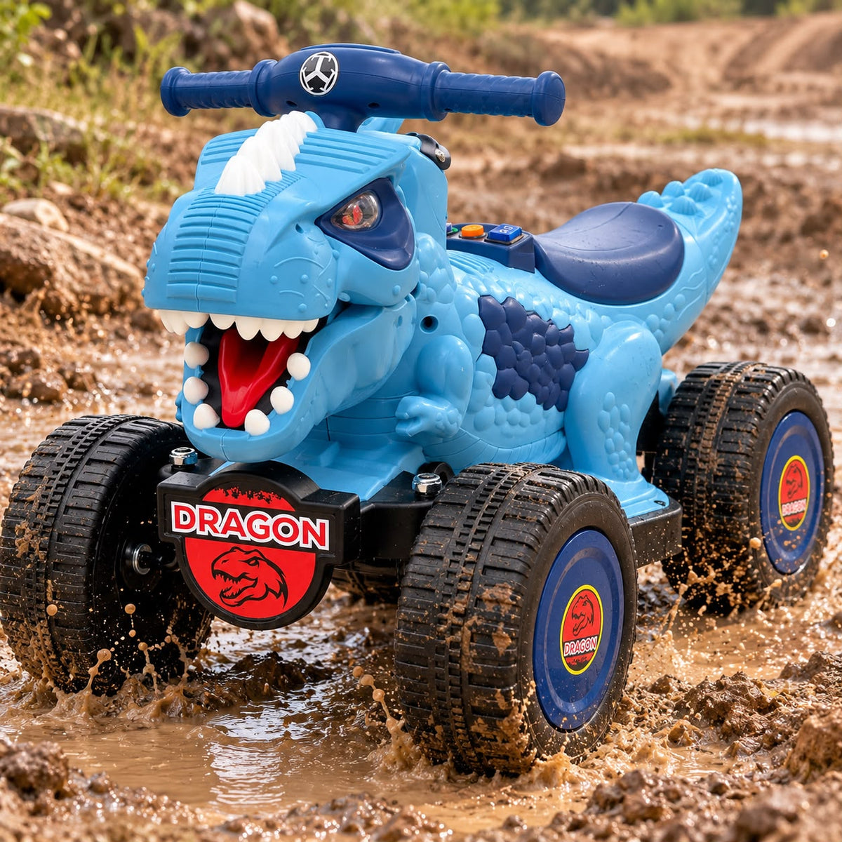 Cuatrimoto eléctrica infantil dinosaurio azul, vista frontal en diagonal