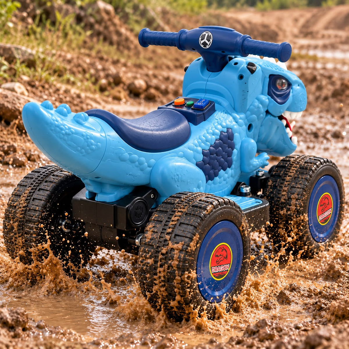 Cuatrimoto eléctrica infantil dinosaurio azul, vista frontal