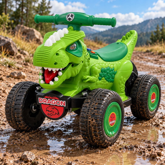 Cuatrimoto eléctrica infantil dinosaurio verde, vista lateral en diagonal