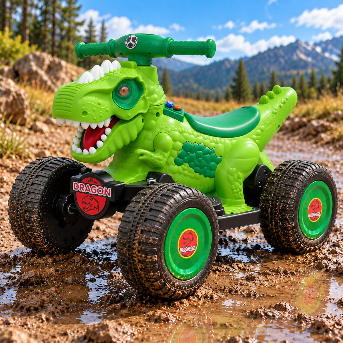 Cuatrimoto eléctrica infantil dinosaurio verde, vista frontal