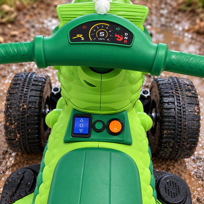 Cuatrimoto eléctrica infantil dinosaurio verde, vista frontal en diagonal