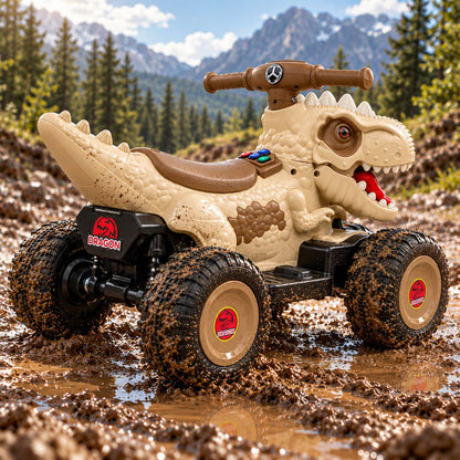 Cuatrimoto eléctrica infantil dinosaurio beige, vista posterior