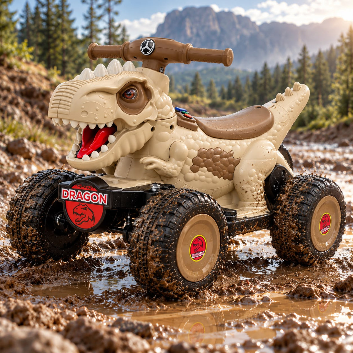 Cuatrimoto eléctrica infantil dinosaurio beige, vista frontal en diagonal