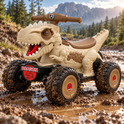 Cuatrimoto eléctrica infantil dinosaurio beige, vista frontal en diagonal