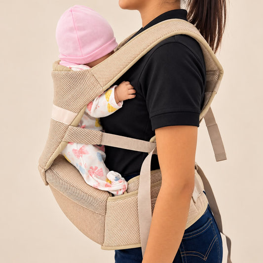 Vista frontal del canguro portabebé beige Love Aiopao con asiento de cadera y panel de malla