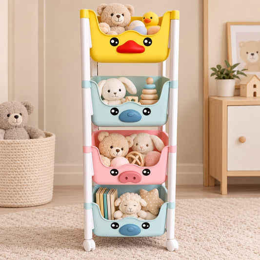 Detalle de las canastas azul claro y rosa con caritas de animales del organizador infantil multicolor
