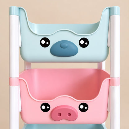 Organizador infantil multicolor de cuatro niveles con canasta amarilla, rosa y dos azul claro, mostrado en módulos