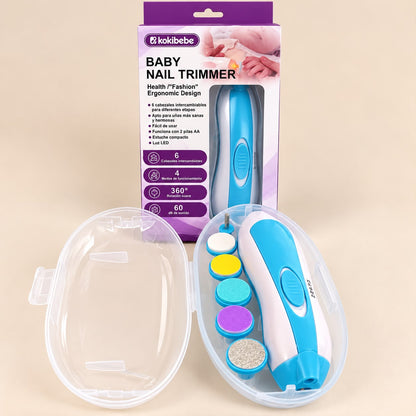 Detalle de la lima eléctrica de uñas Kokibebe azul con cabezal y selector de cuatro modos
