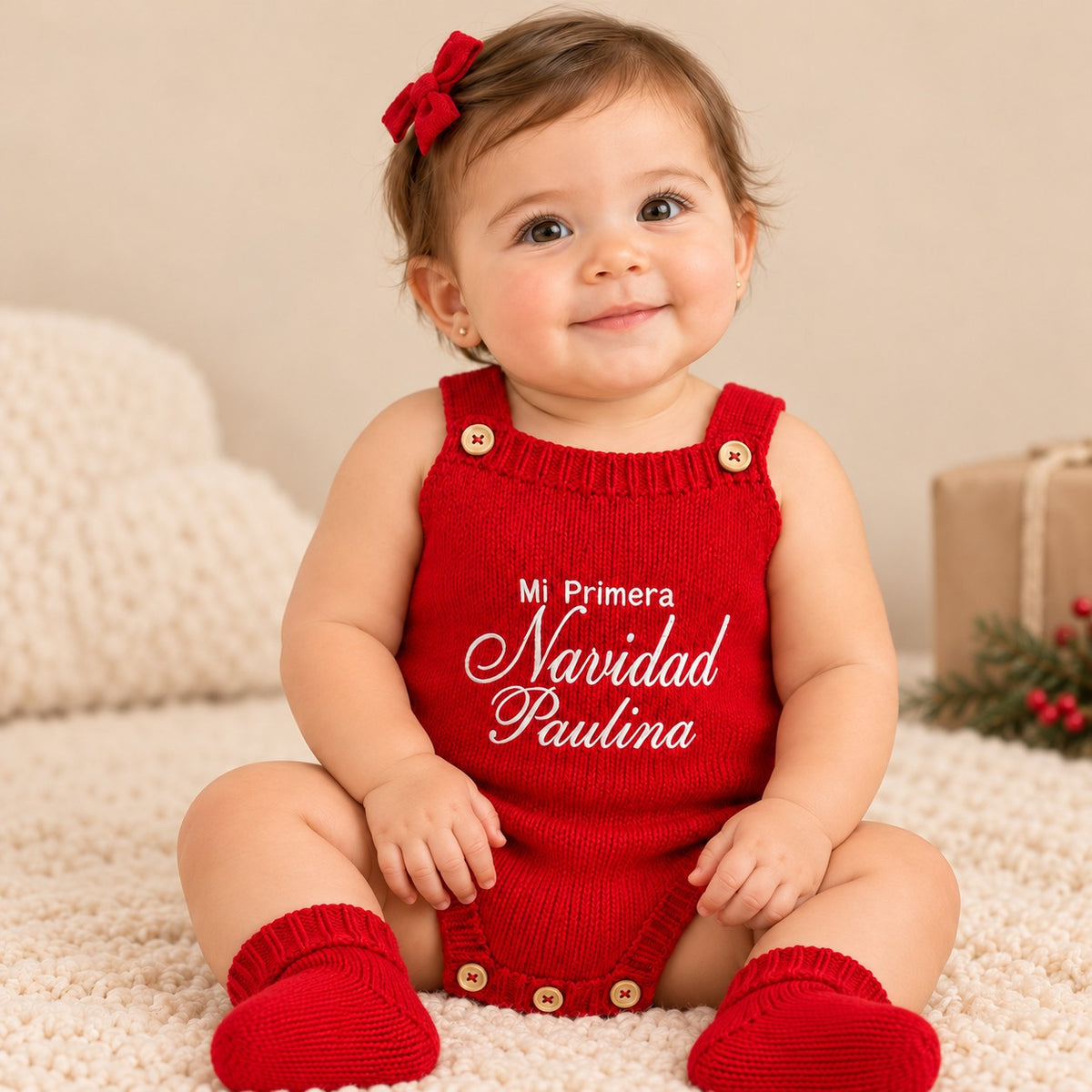 Bebé con body rojo Mi Primera Navidad personalizado y medias rojas a juego