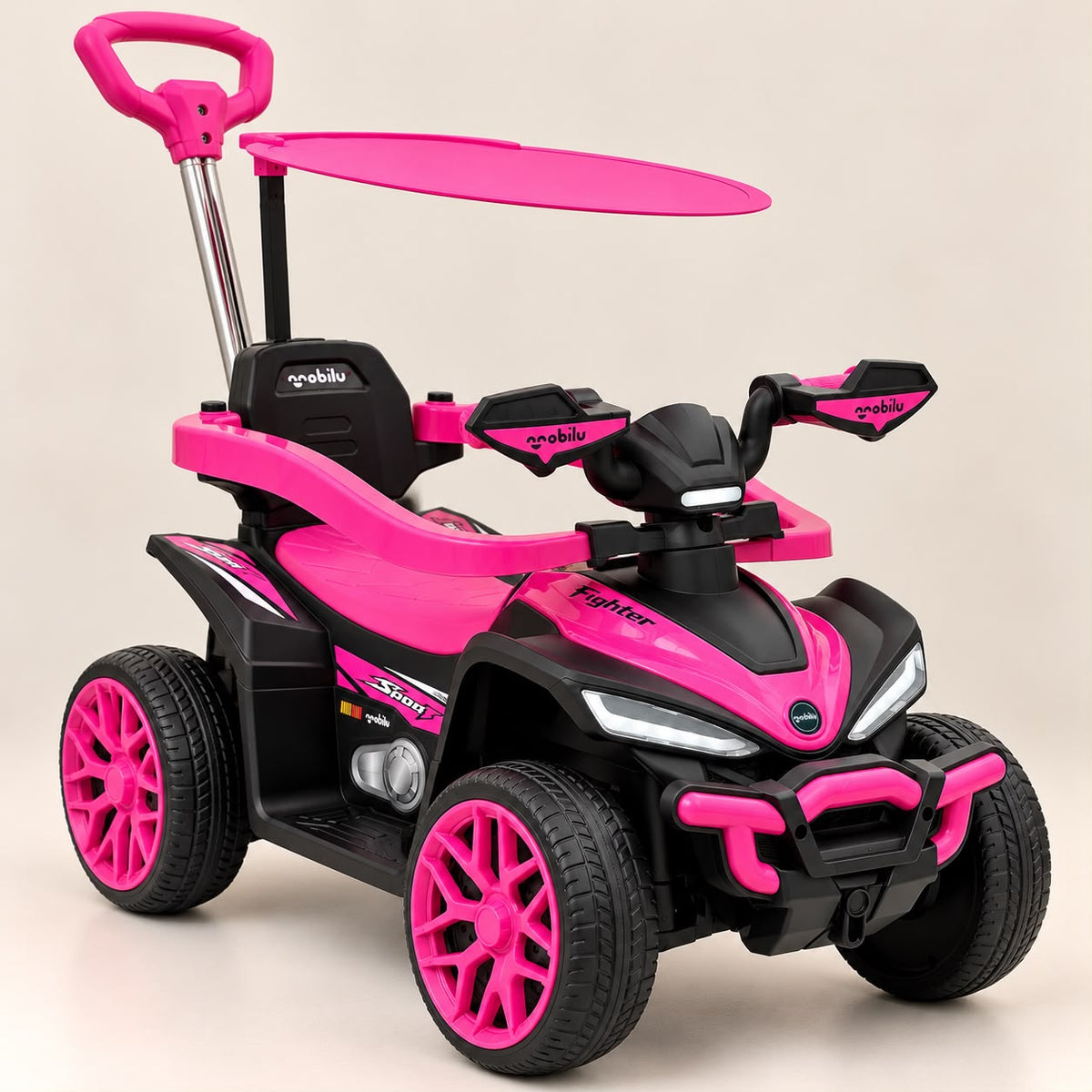 Cuatrimoto infantil Boss fucsia con negro, mango de empuje y cubierta superior