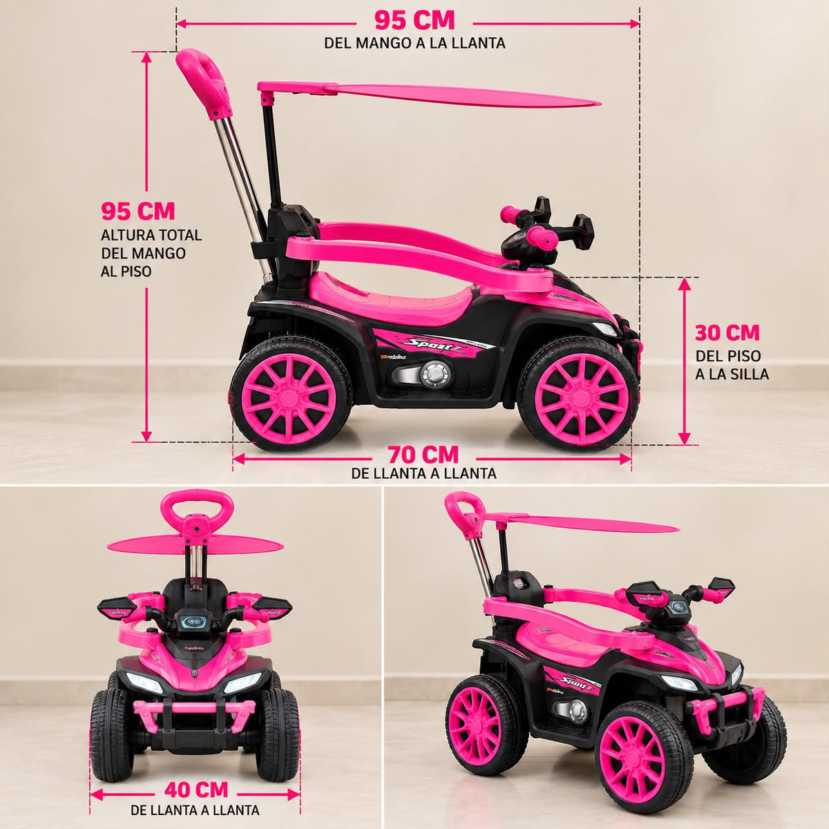 Medidas ilustradas de la cuatrimoto Boss fucsia con mango de empuje