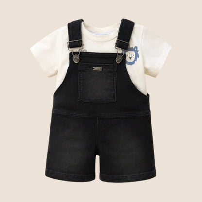 ⭕️ Overol Candy León Bebé – Peto Denim Negro con Camiseta Blanca y Bordado de León
