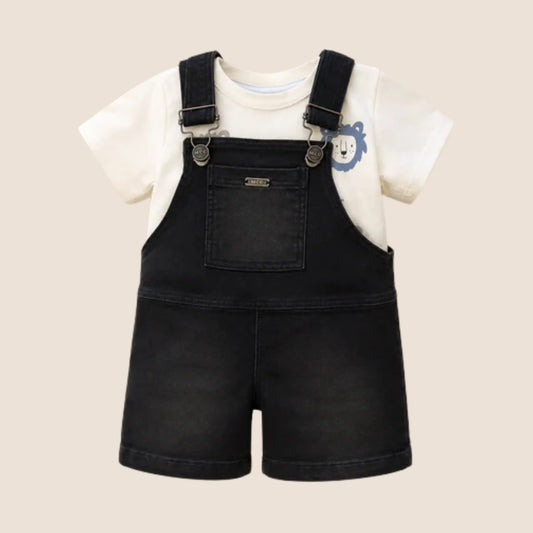 ⭕️ Overol Candy León Bebé – Peto Denim Negro con Camiseta Blanca y Bordado de León
