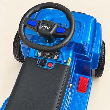 Detalle del volante y panel de controles de la cuatrimoto infantil Monastery azul