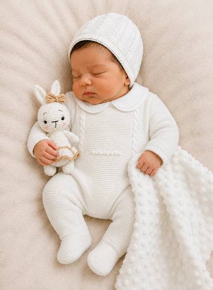 SET MARA TEJIDO PREMIUM - CONEJITA Y AMOR PURA - COLOR BLANCO