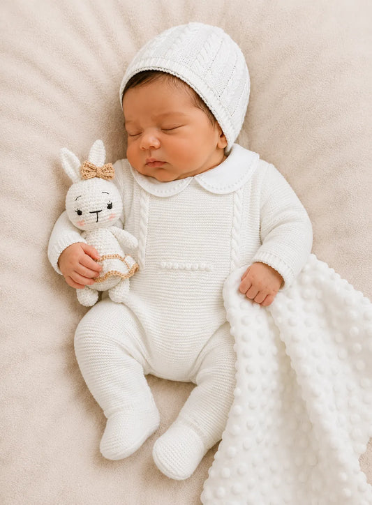 SET MARA TEJIDO PREMIUM - CONEJITA Y AMOR PURA - COLOR BLANCO