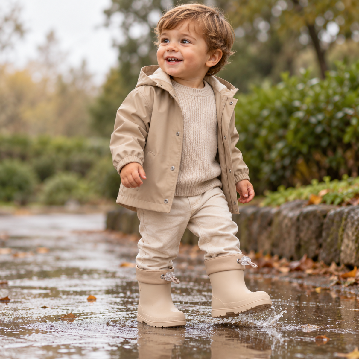 Niño usando botas de agua Igor Mendi beige