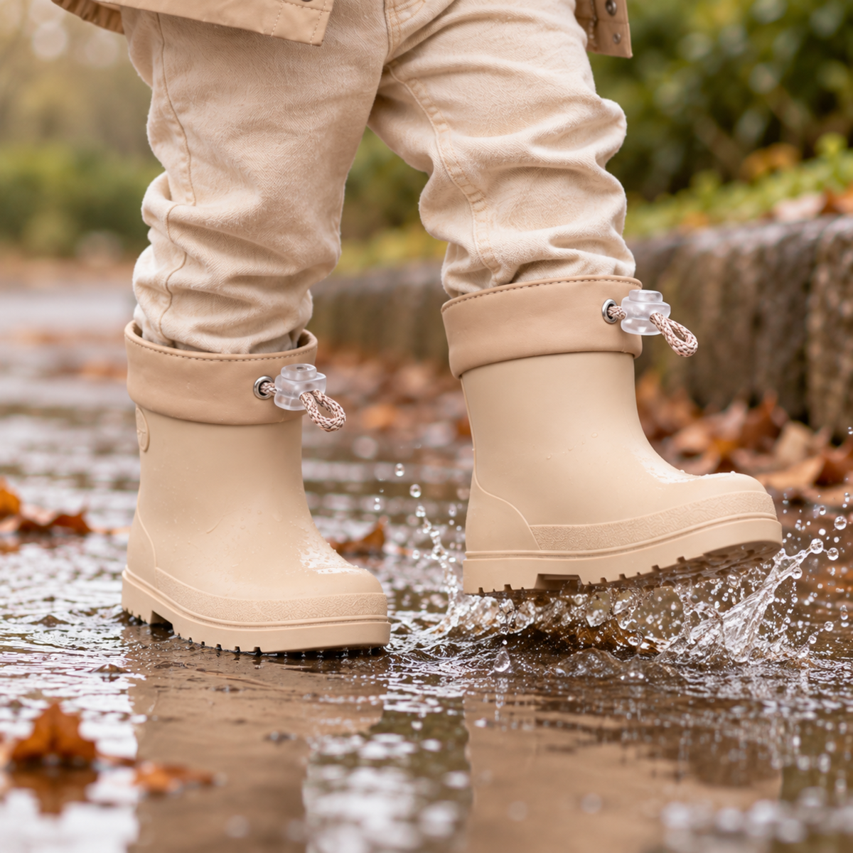 Primer plano de botas Igor Mendi beige en un charco